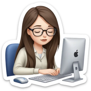 pale brunette girl in glasses with long hair works on computer eyes closed sticker