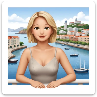jennifer lawrence, leaning on a balcony with a harbor and cityscape in the background, smiling, closeup sticker