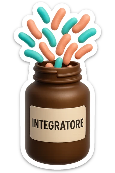 EMOJI STILE IPHONE DI boccetta di integratore con la scritta "INTEGRATORE" SULL'ETICHETTA, con batteri intestinali turchesi e rosa salmone che escono, IPERREALISTICO 4K sticker