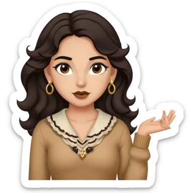 Girl with wavy hair dark chocolate hair, black eyebrows, brown doe eyes, earrings slim and with a cute outfit sticker