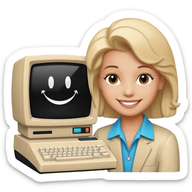 White and black 80s computer with face sticker