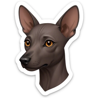 Cinematic Noble Xoloitzcuintle dog Portrait Emoji, Poised and regal, with a sleek, muscular build and smooth, hairless ebony skin accented by subtle wrinkles, deep-set soulful dark eyes, Simplified yet sharp and sophisticated features, highly detailed, glowing with a soft, dignified glow, high shine, intelligent and loyal, stylized with an air of ancient grace, focused and attentive, soft glowing outline, capturing the essence of a watchful and confident guardian, so majestic it feels as though it could stride out of the screen with effortless authority! sticker