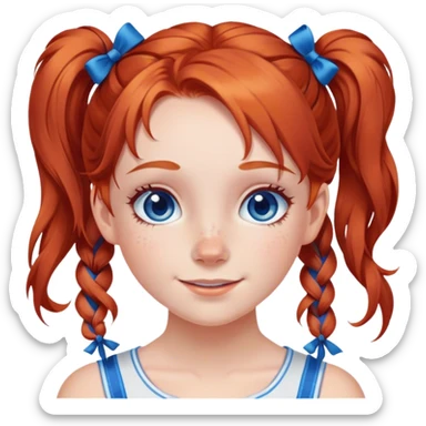 A cheerful, young red-haired girl with bright blue eyes and freckles, styled in two playful pigtails tied with blue ribbons. sticker