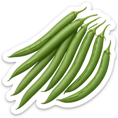 cluster of green beans, 2-4, slightly curved, smooth green skin, pointed ends, fresh and crisp, subtle sheen, natural texture, tiny stem tips, no leaves, no plate, transparent background, emoji scale sticker