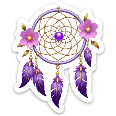 A silver-framed Dreamcatcher. with purple-round-orbs, gold-rings hanging down. purple flowers, pink sakura flowers, sticker