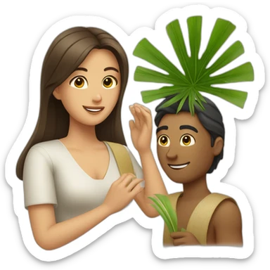 woman fanning a man with palm leaves sticker