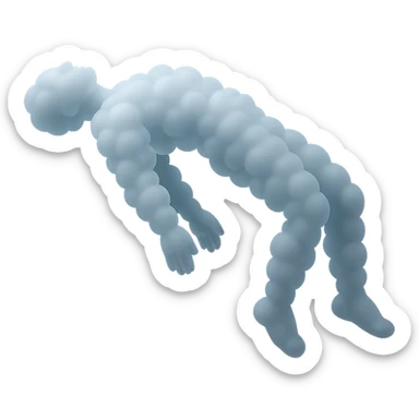 side view of a person unconscious, flying upwards by the torso, legs and arms downwards, made of small very bright white fluffy convex clouds, matte glass style sticker