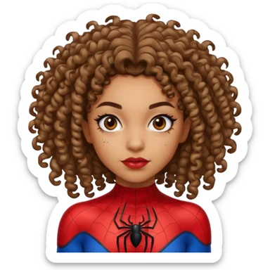 Lightskin girl with curly hair, eyebrow piercing in left side, wearing a spider man costume sticker