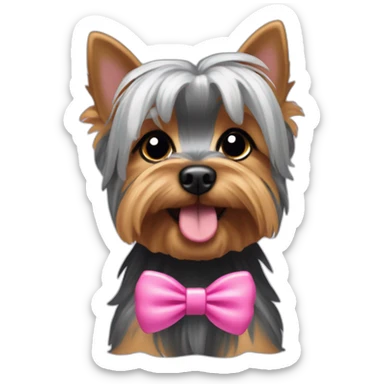 yorkshire terrier with grey hair with the tongue and two little pink hairbow on the head sticker