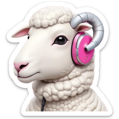Sheep character with minimalist features and a distinctive high-tech earpiece that wraps around one ear. The earpiece should be sleek, futuristic and neutral-colored (silver or white) that complements the sheep's clean white body. The sheep has a trendy asymmetrical wool haircut dyed vibrant pink, with one side featuring an undercut style. The sheep wears simple, minimalist clothing without bold colors. Simple, bold shapes with minimal details but with a confident, slightly smirking expression that gives off a true trendsetter vibe - like this sheep is always ahead of the curve and knows it. sticker