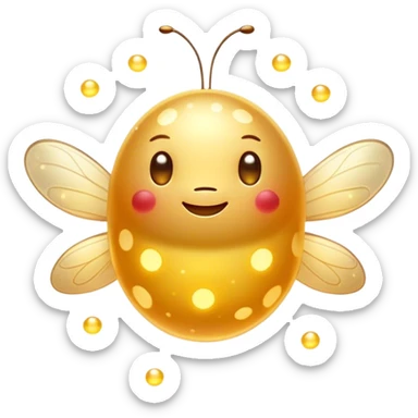 Cinematic tiny glowing firefly, round and chubby, soft golden light, tiny happy face, gentle floating motion, surrounded by dreamy sparkling dots. sticker