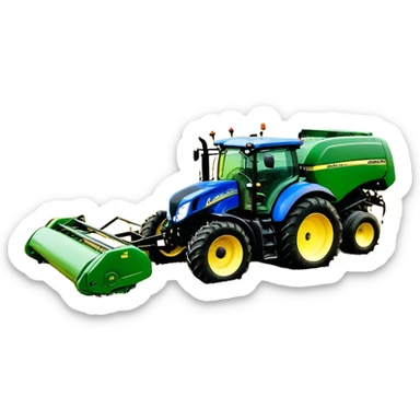 Baler – New Holland Roll-Belt 560 (2018) – Cinematic-realistic John Deere 6155M tractor towing a New Holland Roll-Belt 560 baler, its deep green body contrasting with the bright blue baler. The massive machine moves steadily through golden fields, compressing freshly cut hay into tight round bales, while dust swirls under the blazing afternoon sun. sticker