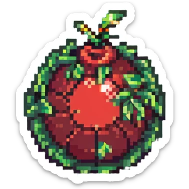 Green digital bomb animation frame 4, round bomb body with green highlights, tiny leaf-shaped fuse at top, intense green glow, about to explode, nature-inspired design, pixel art style sticker