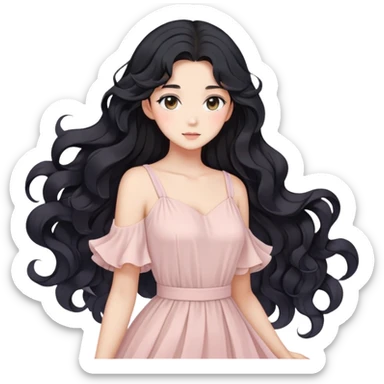 Gorgeous anime lady with elegant black wavy hair wearing a soft flowy feminine dress in pastel colors sticker