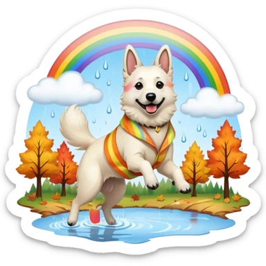 Beautiful White belgian Shepard jumping Cheerful  over Rain puddles. There is a rainbow in the sky and Autumn forest in the background sticker