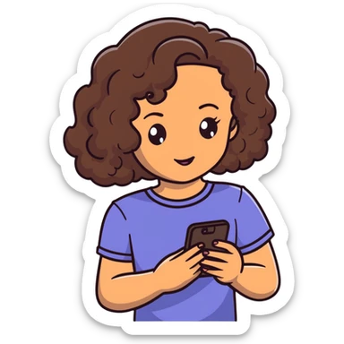 brunette girl with curly medium length hair, brown eyes, slightly tan skin, holding a phone sticker