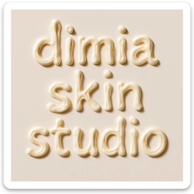 the words 'dimia skin studio' spelled out in creamy white sunscreen forming each letter, on a light background, realistic texture, playful and inviting, no people, no extra objects sticker