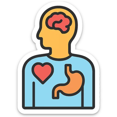 human silhouette with highlighted organs heart stomach head icon emoji, clear outlines, strong shadows and highlights, psychology and psychosomatics theme sticker
