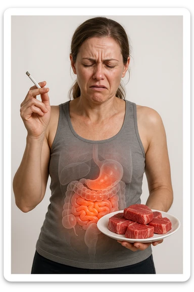 UNA DONNA REALISTICA CON UNA SIGARETTA IN MANO E UN PIATTO PIENO DI CARNE SIMMENTAL NELL'ALTRA MANO, INTESTINO ANATOMICO INFIAMMATO VISIBILE, MAL DI PANCIA, ISOLATA SU SFONDO BIANCO, IPERREALISTICA 4K sticker