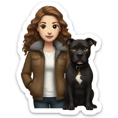 white woman with long brown hair and cat shaped eyes wearing a furry jacket standing alongside a black pitbull  sticker