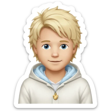 Create a look for a blond boy with long, tousled hair, light eyes, a white sweater, a wealthy appearance, blue eyes, and accessories like a Rolex or Cartier watch, and a cute face with messy hair down. blue eyes + + pajama white fluffy + hood fluffy sticker