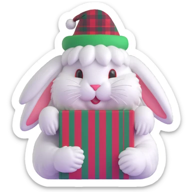 fluffy white angora rabbit wearing red and green plaid Christmas hat held in hands sticker