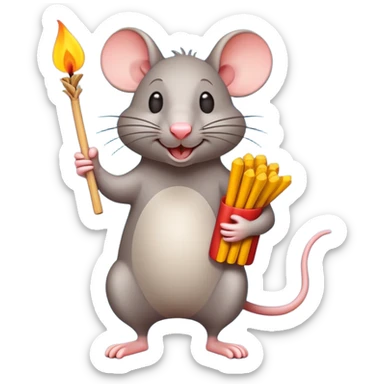 Create a cartoon-style emoji of a cheerful rat collecting matchsticks. Minimalist design with bold outlines, vibrant colors, and simple shapes. Show the rat standing upright, holding a bundle of matches, with a playful expression. Avoid shading or intricate details, keeping the style clean and whimsical. sticker