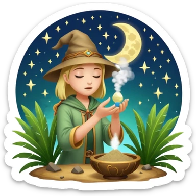 forest alchemist blowing moon dust from palm like spell powder sticker