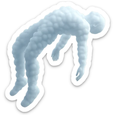 A person made of very small white fluffy clouds in matte glass style, no background and no shadows, unconscious: arms, legs, and head hanging freely down, the center of the torso being pulled upwards, lifeless pose as if being lifted by the middle of the body. sticker