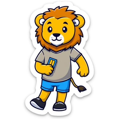 retro 1950s anthropomorphised lion in a t-shirt and shorts, walking sticker