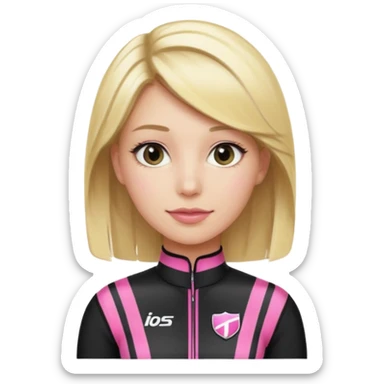 blonde woman with black racing outfit with pink strips sticker
