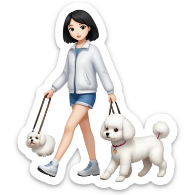 A beautiful black-haired girl walking a white Bichon Frise dog sticker