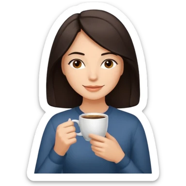Calm and confident woman with dark shoulder-length hair, warm skin tone, soft features. Sitting by a window, peacefully sipping coffee with a gentle smile. Relaxed, natural vibe. sticker