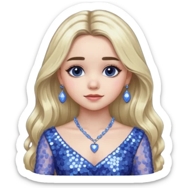 Sabrina Carpenter with long platinum blonde hair, periwinkle sequin dress and necklace sticker