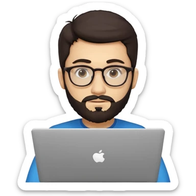 23 year old Azerbaijani man with very dark brown hair and beard with glasses and laptop , light yellow skin face, not european sticker