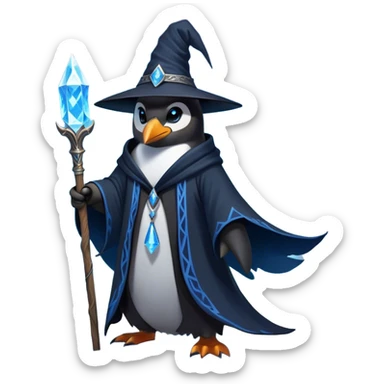 A mysterious penguin mage with sleek midnight-blue feathers, wearing a flowing black robe adorned with silver runes. A tall, pointed wizard hat sits slightly tilted on his head, the brim casting a shadow over his glowing icy-blue eyes. His flipper clutches an ancient wooden staff topped with a swirling crystal, radiating a soft, cold light. Snowflakes drift around him as he stands on a frozen cliff, his aura crackling with arcane energy, ready to summon a blizzard with a flick of his staff. sticker