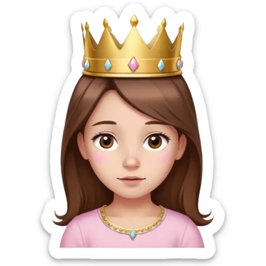 girl with long brown hair, brown eyes, baby pink top, gold crown on her head, small birthmark next to her nose on the left, birthday vibe sticker