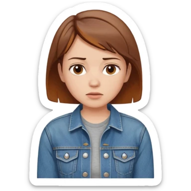 a woman with a brown short hair, looking at the left, worried, wearing a denim jacket, only upper body, high quality sticker