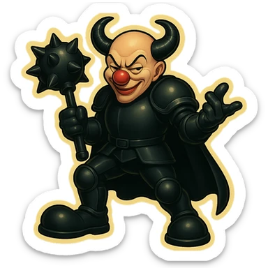 An evil armored clown with no hair, ram horns pointing up, masculine and powerful build, glossy black on matte black armor, short cape, large black clown shoes, standing with one foot forward, one arm down holding an oversized spiked mace, the other hand gesturing as if explaining something, eyes half-closed, sinister grin, vibrant retro stickers style, no yellow aged tint, full body, transparent background. sticker