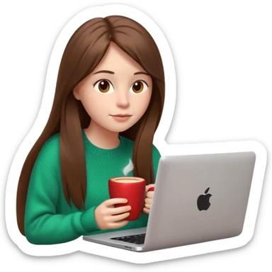 young woman, 20 years old, long straight brown hair, wearing a sweater, sipping coffee while looking at a laptop, relaxed mood, 3D Apple emoji style sticker