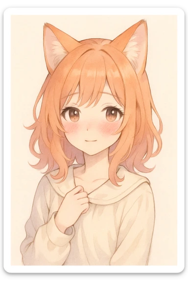 a cute girl with fox ears and ginger hair, blushing, in a soft anime style sticker
