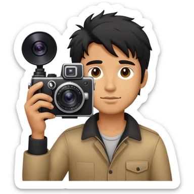 a man with black messy hair holding a foto camera sticker