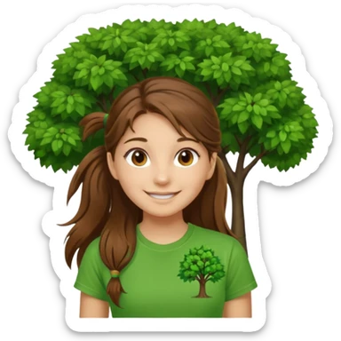 Make a zumba coach emoji, brown eyes, brown hair girl, long ponytail,green t shirt with a tree logo on It sticker