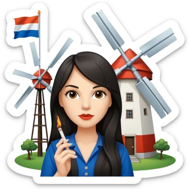 Windmill with on top ot the building a dutch flag and a white girl with dark long hair smoking a joint sticker