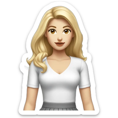 hyperrealist caucasian long blonde brown eyes woman white top gray mini tight skirt black high heels sticker