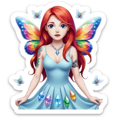 woman-long-red-hair-blue-eyes-white-skin-tattoos-big-breast-wearing-rainbow-crystal-shard-dress,-moths-orbiting,-flirty-contrapposto-pose sticker