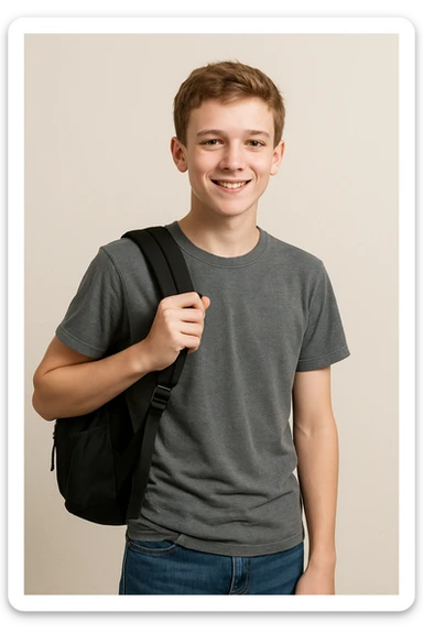 white teenage boy student, casual clothes, friendly expression, holding a backpack, simple background sticker