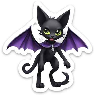   cool edgy beautiful anime-style ethereal dark-punk-themed animal vampiric cat-hybrid Fakemon with big fangs and bat-wing-ears with a cape full body sticker