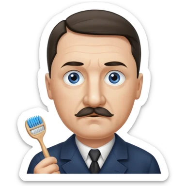 Adolf Hitler had an oval face with fair skin. His eyes were blue and his eyebrows were dark and somewhat bushy. Above his upper lip he wore a small, brush-like mustache, known as a "toothbrush moustache". His sticker