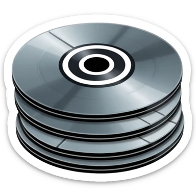 Minimalist emoji-style sticker of a small stack of DVD discs, one cracked, one with burn marks. Top-down view, grayscale and muted tones, flat design, no text. sticker